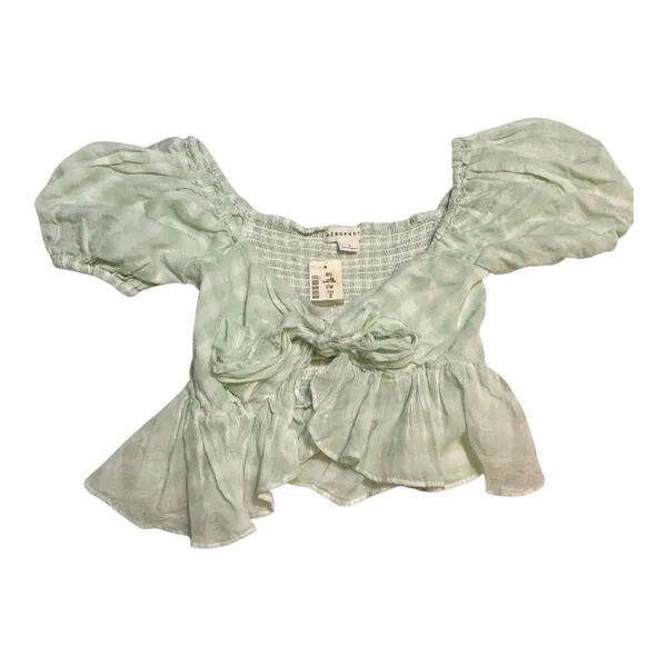 Aéropostale Gingham Puff Sleeve Tie Front Peplum Crop Top Green Size Small NWT - Image 6