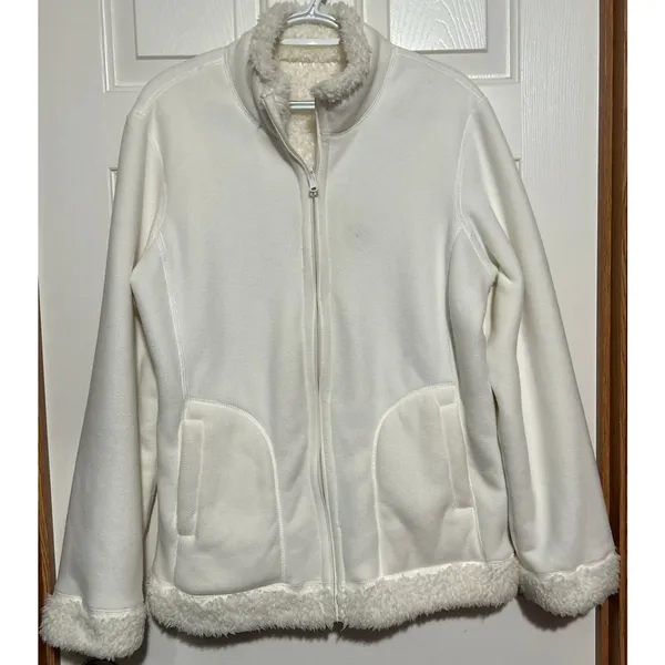 Women's White‎ Sherpa Reversible Felt Zip Up Jacket Side Pockets Size XL - Image 3