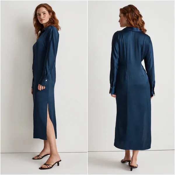 Dress Satin Button-Front Midi Classic Indigo 8 NWT New - Image 3