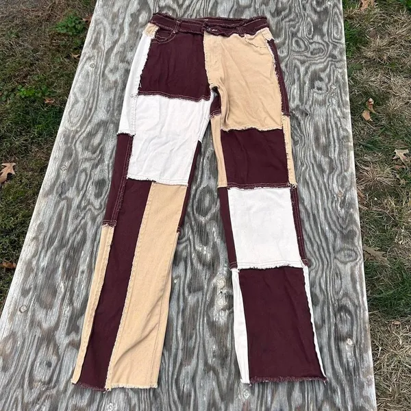 Brown patchwork pants blush mark size‎ small fall winter BoHo aesthetic grunge - Image 2