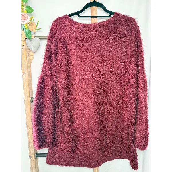 Lulus Burgundy Eyelash Knit Sweater Dress Womens Large Long Sleeve Fuzzy Tunic - Image 4
