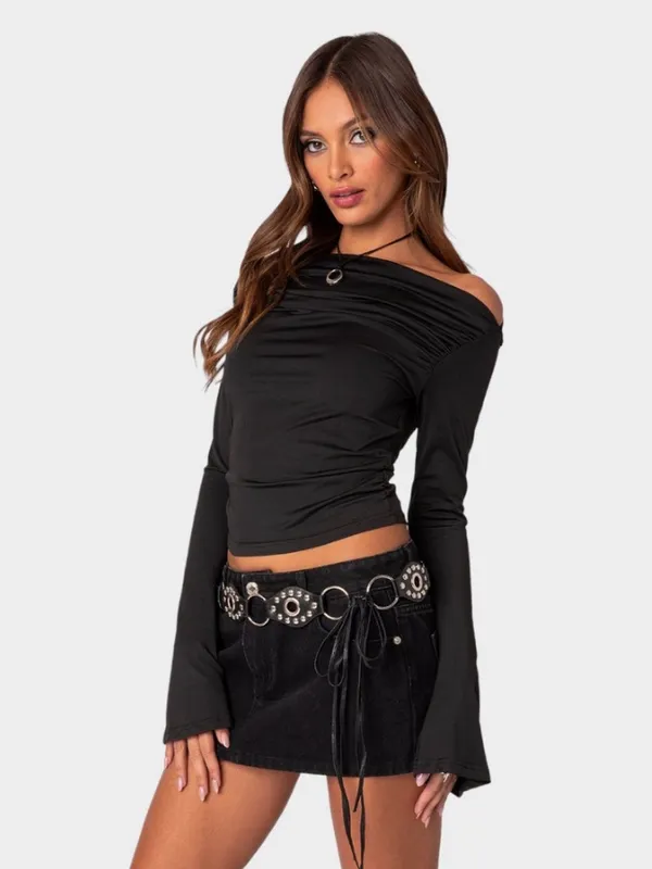 Edikted Dana gathered top off the shoulder ruched long bell sleeve going out M - Image 2