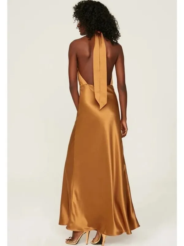 Something Navy Orange Halter Cutout Formal Bridesmaid Wedding Guest Gown Size S - Image 2