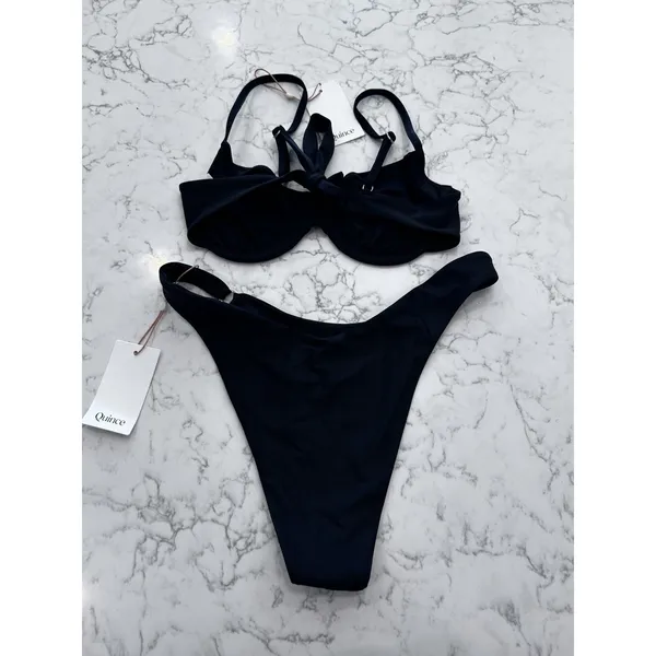 NWT Quince Black Italian Demi Bikini Top & High Leg Ring Bottom Set Size Medium - Image 2