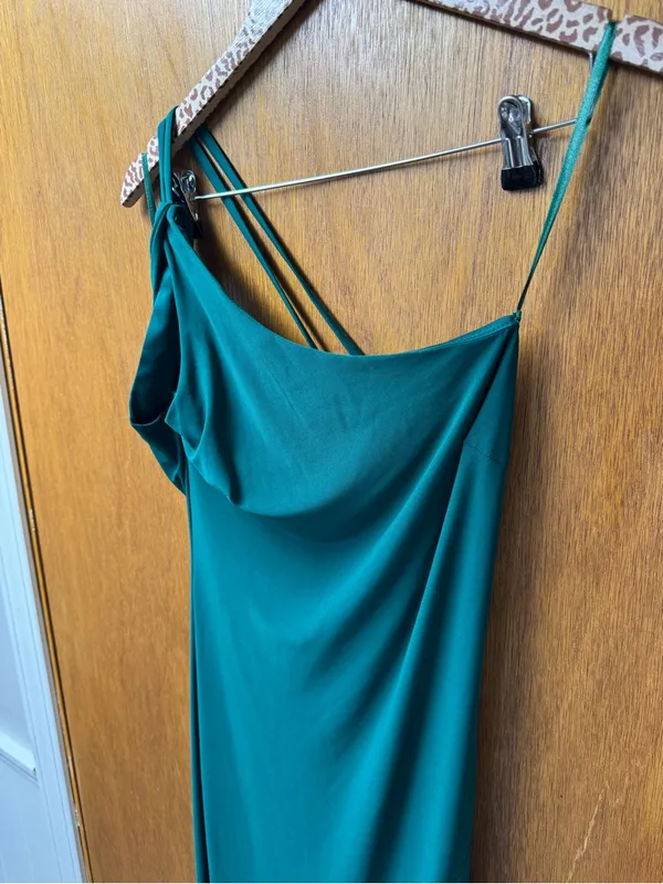 Ieena for Mac Duggal Jersey One Shoulder Draped Back Gown Dress Emerald Green 6 - Image 9