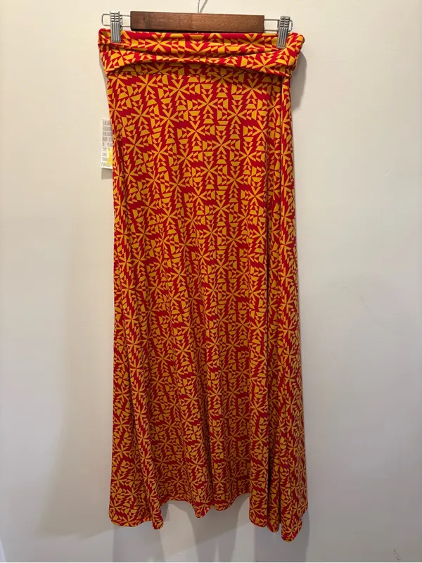 LuLaRoe Red & Mustard Geometric Print Maxi Skirt XXS Fold Over Waist NWT Boho - Image 5