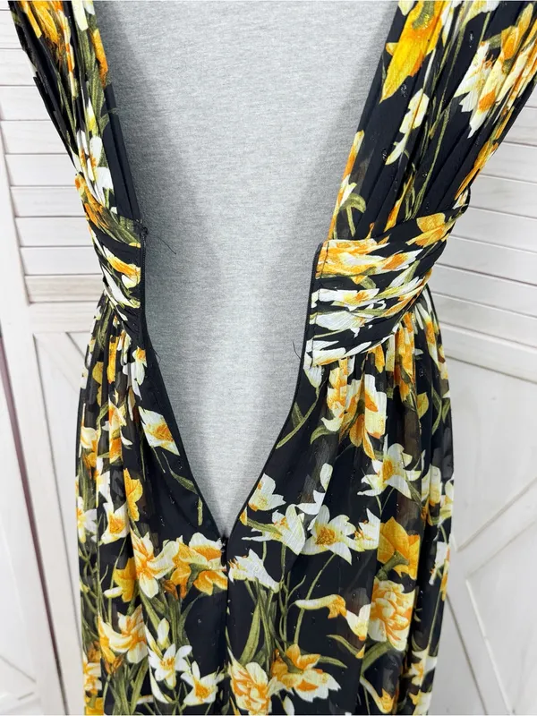 Aidan Mattox Floral Pleat V Neck Front Slit Formal Maxi Dress Black Yellow 8 - Image 8