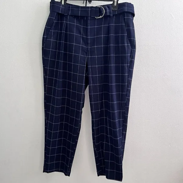 A New Day plaid Tapered crop Pants High Rise Size 14 Navy Blue Belted NEW - Image 4