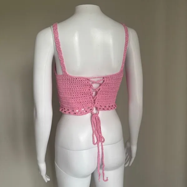 Crotchet Lace Up Boho Festival Summer Sleeveless Crop Top Pink NWT - Image 4