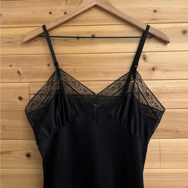 Vintage Small Black Geometric Floral Lace Trim Slip Dress Whimsigoth Fairycore - Image 5