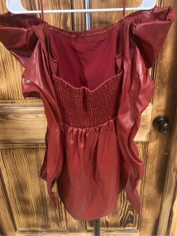 Anthropologie Red Faux-Leather Puff-Sleeve Mini Dress with Bow - Image 8