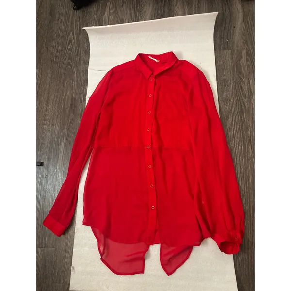 Free People Sheer Button Down Red Blouse M Cherry Girl Boho Coquette Holiday - Image 7