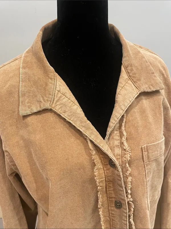 Women's Tan Frayed Button-Front shirt - corduroy western looks - Image 2