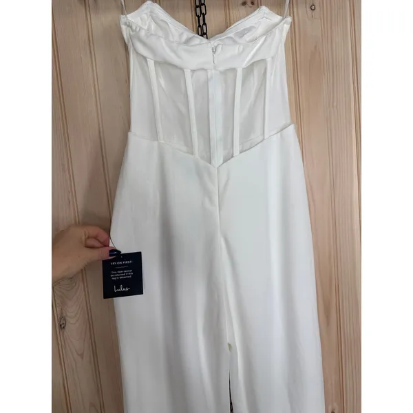 Lulus Fashionista Nights Ivory Strapless Bustier Wide-Leg Jumpsuit Party Medium - Image 8