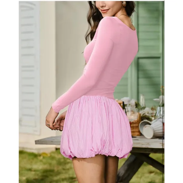 NEW Elegant Long Sleeve Scoop Neck Puff Bubble Mini Cocktail Dress L - Image 2