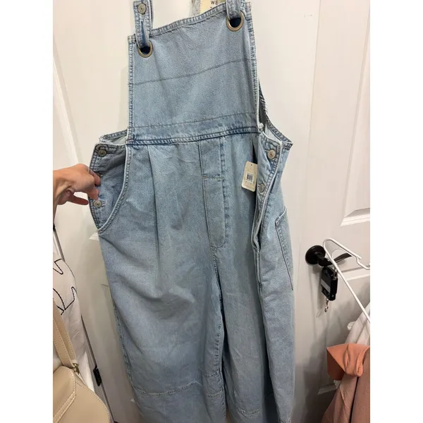 Free People We The Free Ghost Ranch Denim Overalls Light Wash Blue Wide Leg M - Image 2