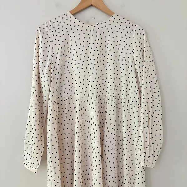 Zara Dress Cream Black Polka Dot Midi Long Sleeve Empire Waist Oversized Size S - Image 3