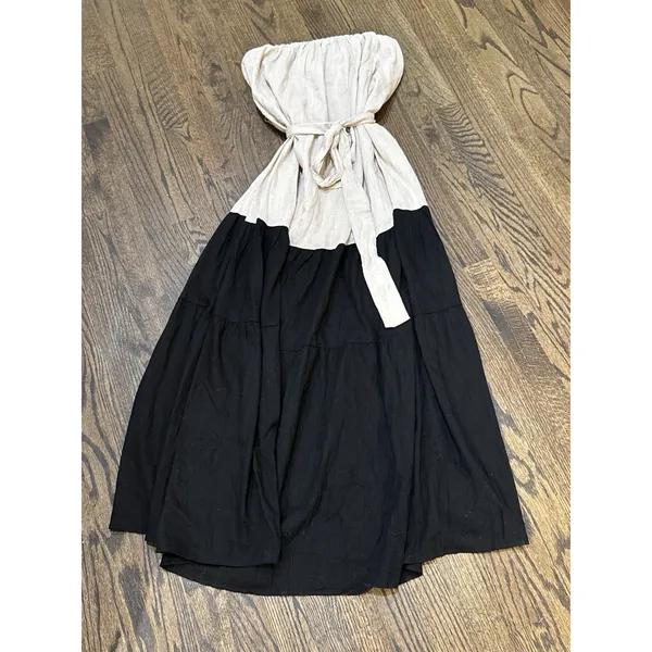 Lumiere Linen Blend Color‎ block Maxi Dress Belted Size Small Black Tan - Image 2