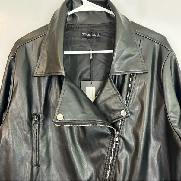 NWT PrettyLittleThing Black Faux Leather PU Biker/Moto Jacket Plus Size XL - Image 6