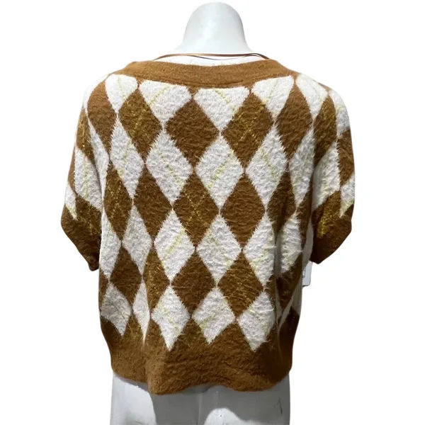 Free People Sweater Vest Womens Petite S Brown Ivory Argyle V-Neck Fuzzy - Image 4