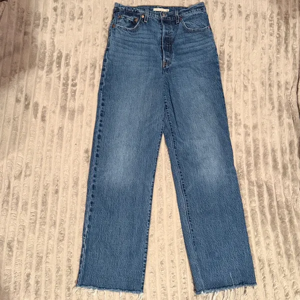 Levis Ribcage Straight Ankle Jeans 29 Medium Wash Button Fly Raw Hem High Rise - Image 2