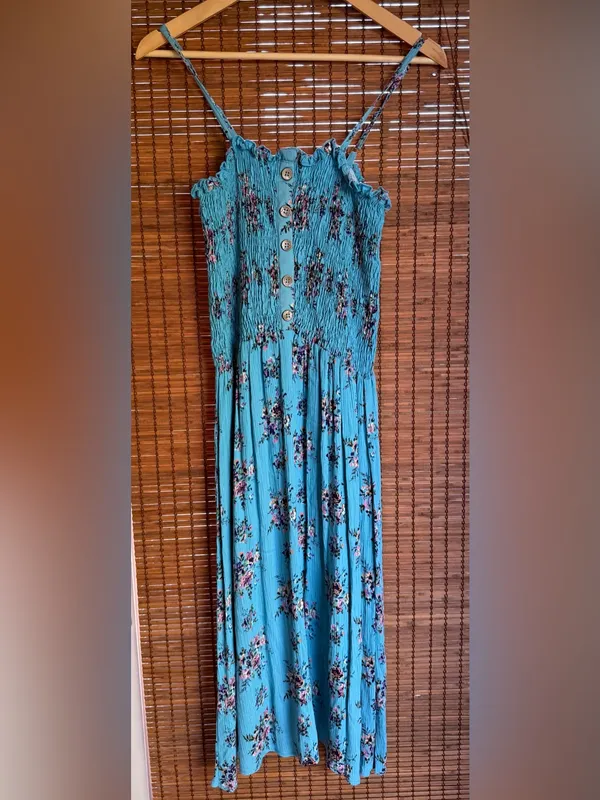 Vintage Angie Turquoise Floral Smocked Cottagecore Midi Dress M - Image 2