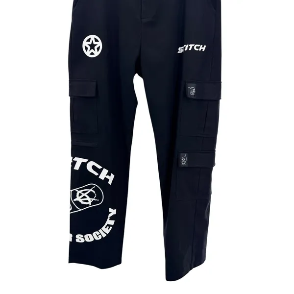 Y2K Graphic Cargo Pants Black Anime Skull Streetwear Alt Utility Rave Stitch L - Image 9