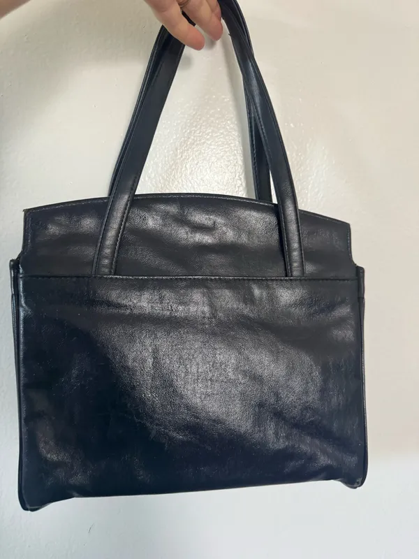 Black vintage Leather Shoulder Bag with Drawstring Detail - Image 2