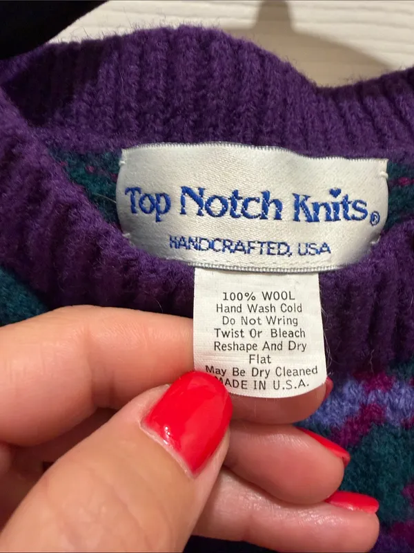 Vintage Top Notch Knits 100% Wool Handcrafted Fair Isle Sweater Purple Teal - Image 2