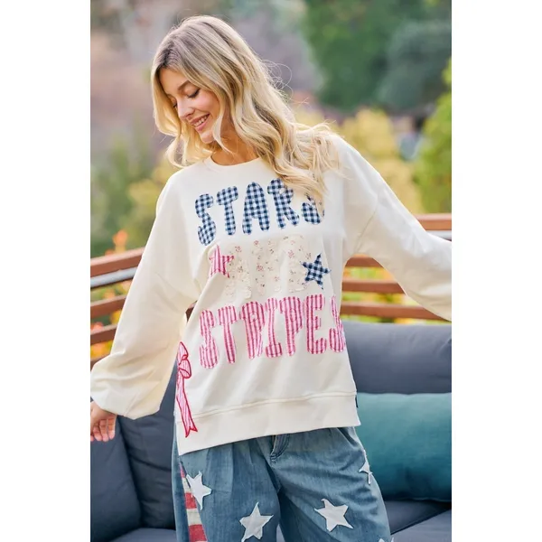 BiBi‎ 4th Of July Stars And Stripes Patches Sweatshirt - Cream - Small - Image 16