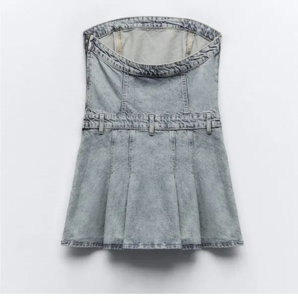 ZARA Pleated TRF Strapless Denim Mini Dress - Image 3