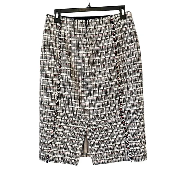 J. Crew Women’s Navy‎ Blue White Tweed Pencil Skirt Fringe Trim Size 4 Preppy - Image 2