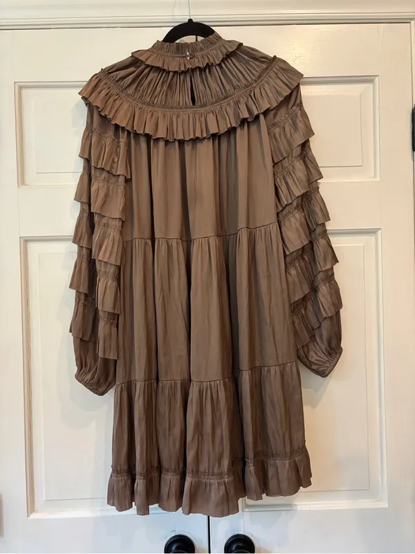 Ulla Johnson Elsa Mini Dress Mica Taupe Ruffled Tiered Satin Size Medium Large - Image 6