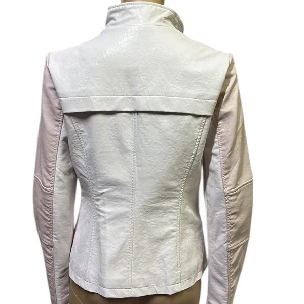 Guess Pink White Faux Leather Moto Jacket Gold Exposed Zipper Womens Small - Image 3
