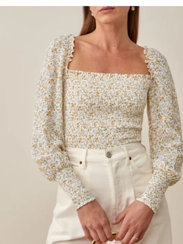 Reformation Pinto top , floral print, square neckline, and smocked bodice Small - Image 4