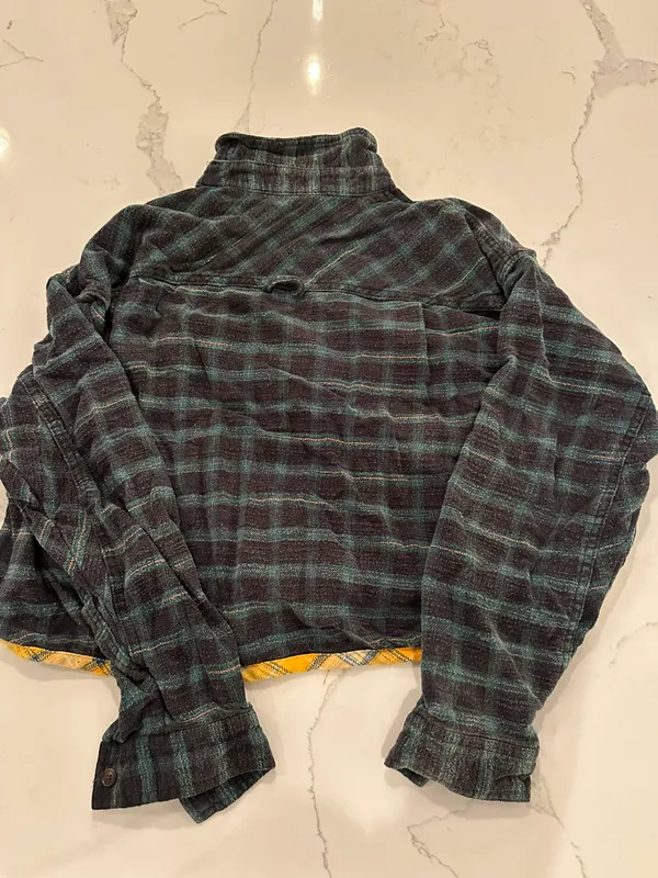 Urban Outfitters Cropped Flannel Button Up/ Green with Yellow Trim - Image 2