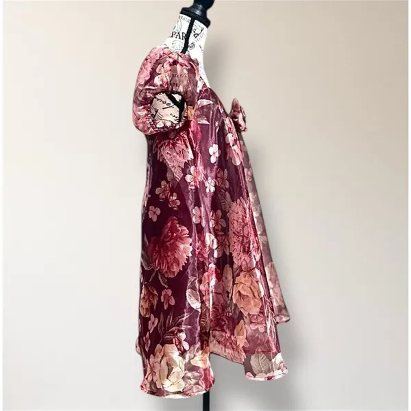 Lulus Red Floral Organza Mini Dress Puff Sleeve Rosette‎ Autumn Wedding Guest - Image 3