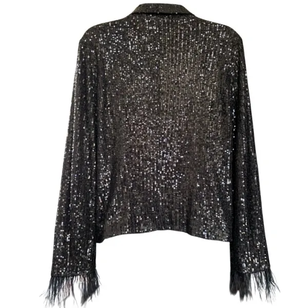 Nanette Lepore‎ Sequin Jacket Sz M Black Ostrich Feather Trim NYE Holiday Party - Image 4