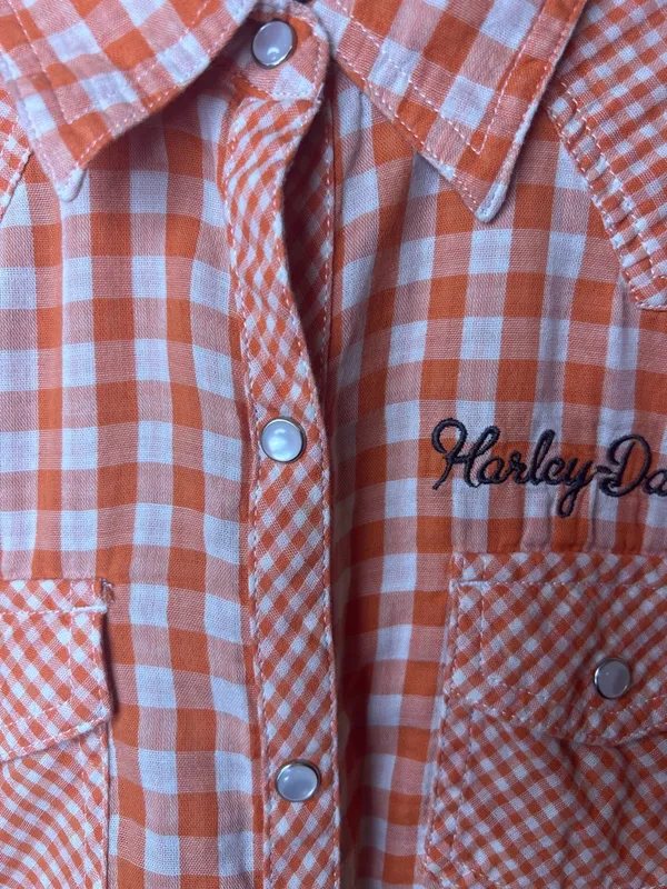 Harley Davidson Orange Gingham Snap Shirt‎ Embroidered Back Small - Image 6