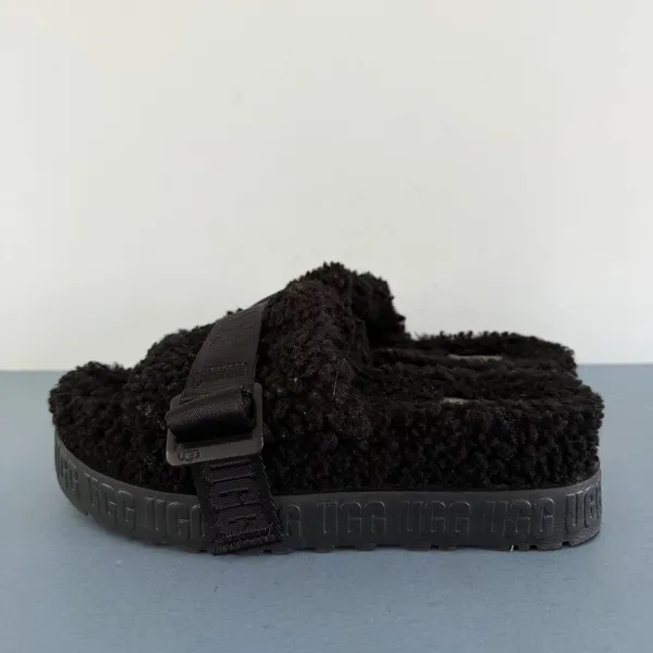 UGG Fluffita Black Platform Shearling‎ Slide Flatform Sandals - Image 5