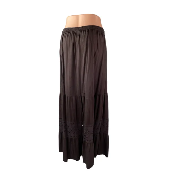 Bass Women's Brown Floral Eyelet Tiered Ruffled Flowy Boho Maxi A-Line Skirt M - Image 3