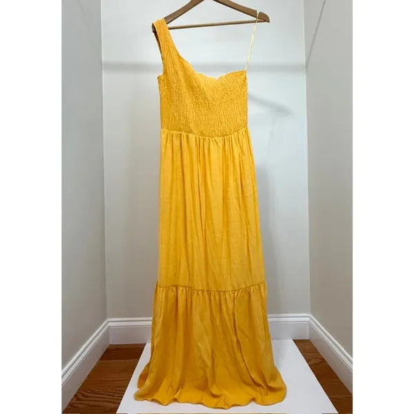 Nine West One‑Shoulder Yellow Smocked Maxi Dress SzL - Image 3