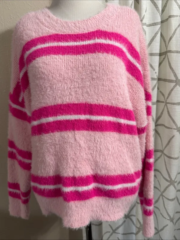 No Boundaries Pink Fuzzy Crewneck Sweater with Hot Pink Stripes - Image 2