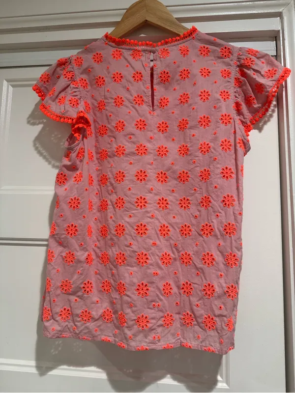 Boden Watermelon Punch Embroidered Flutter Sleeve Pom Trim Top - Image 9
