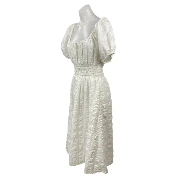 Madewell Sophia White Short Puff Sleeve Seersucker Check A Line Midi Dress Sz M - Image 3