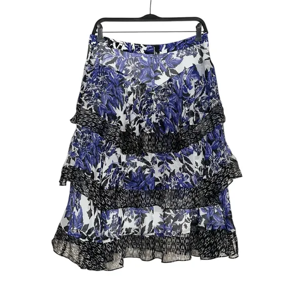 Rebecca Taylor Silk Tiered Blue and Black Ruffle Printed Midi Skirt 8 - Image 3
