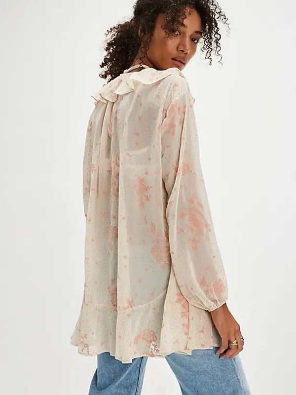 Free People Women’s Dreamland Printed Tunic Top Semi-Sheer in Floral Print L - Image 4