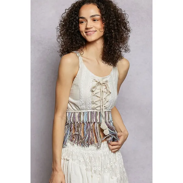 POL‎ Lace-Up Fringe Hem Tank with Lace Detail - Small - Image 2