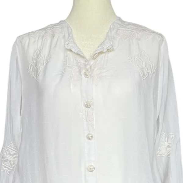 Johnny Was‎ White Embroidered Long Sleeve Sheer Blouse Sz M - Image 3
