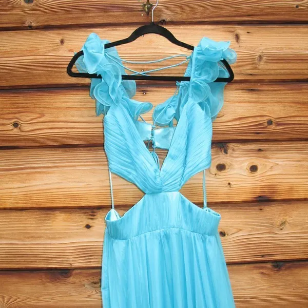 Mac Duggal 70254 Womens Blue Ruffled Shoulder Cut Out Lace Up Gown Dress - Image 11